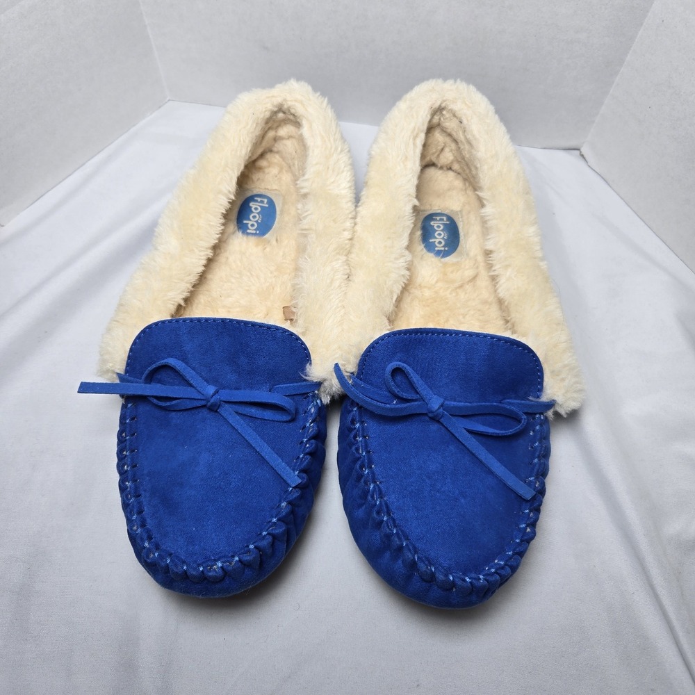 Floopi Melani Moccasin Faux Suede Slippers Womens 9 Blue Cozy Cabin Warm